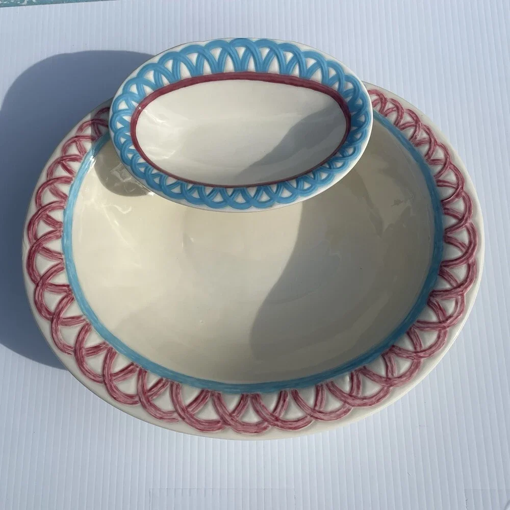 Vintage Serving Bundle Chip Dip Set Tea Cup Saucer Wood Trivet Kitchen Decor